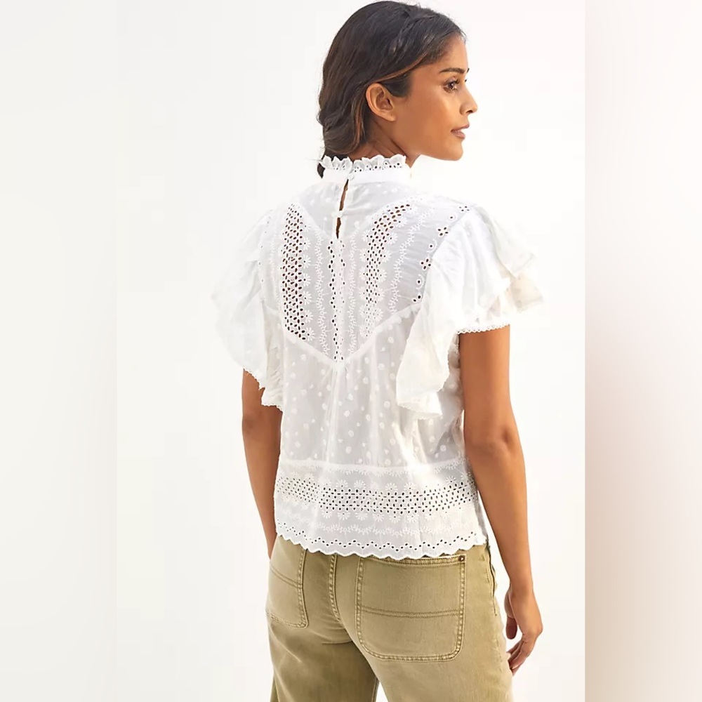 Anthropologie Ruffled Eyelet Blouse White Cottagecore Boho Prairie Top Medium - Picture 7 of 13